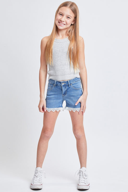 Girls Mid-Rise Denim Shorts with Lace Trimmed Hem