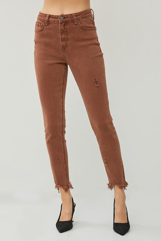 High Rise Fray Hem Ankle Skinny Pants by Risen