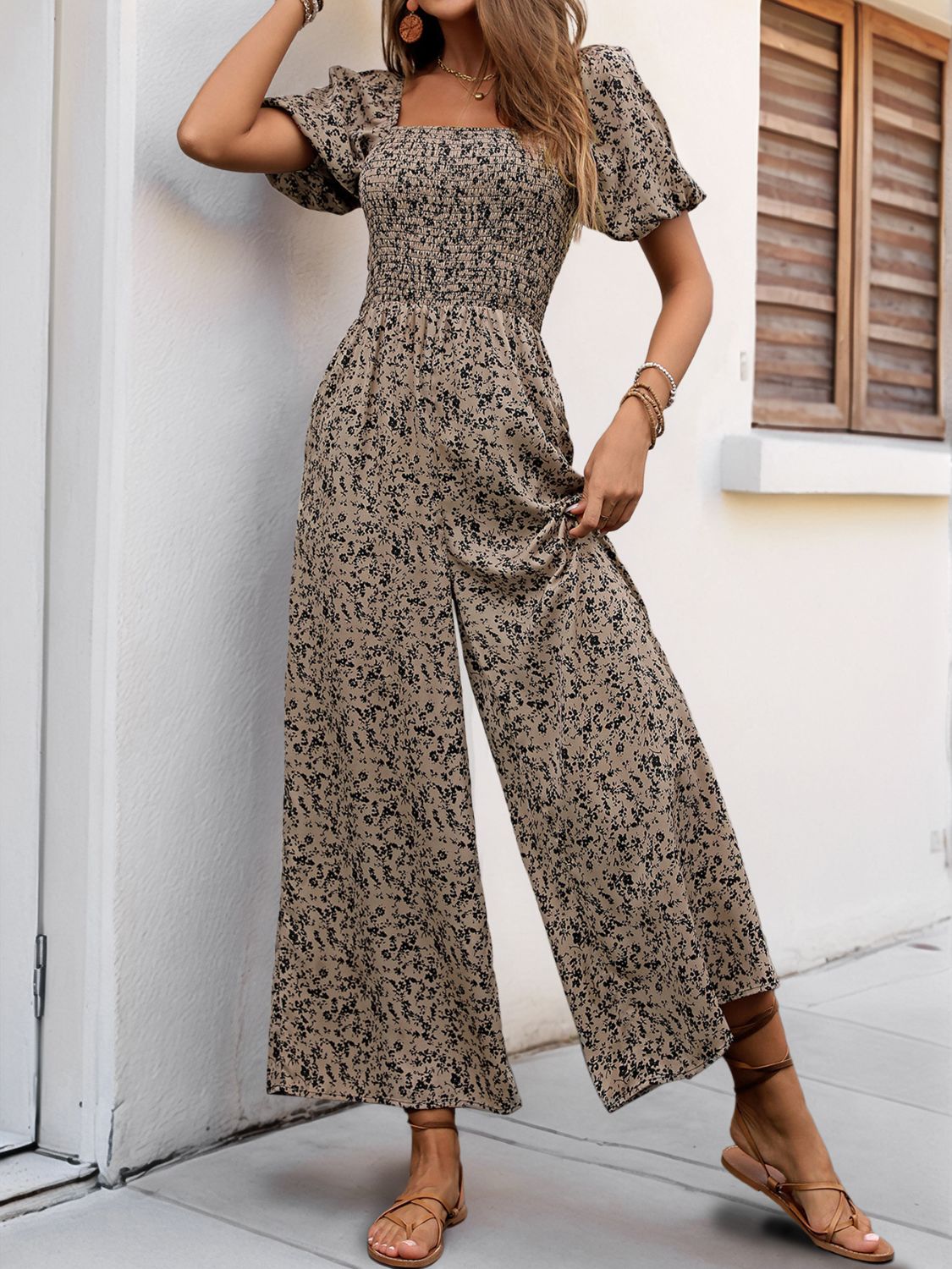 Perfee Smocked Printed Square Neck Puff Sleeve Jumpsuit