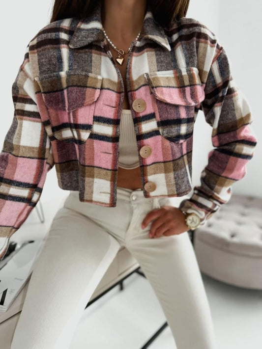 Pocketed Collared Neck Long Sleeve Plaid Jacket