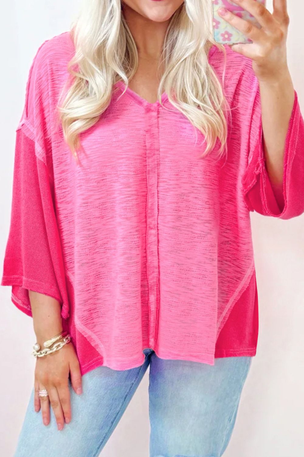 Exposed Seam V-Neck Three-Quarter Sleeve Blouse