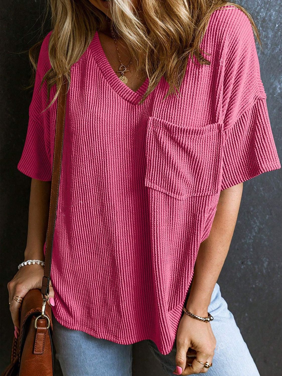 Textured V-Neck Half Sleeve T-Shirt