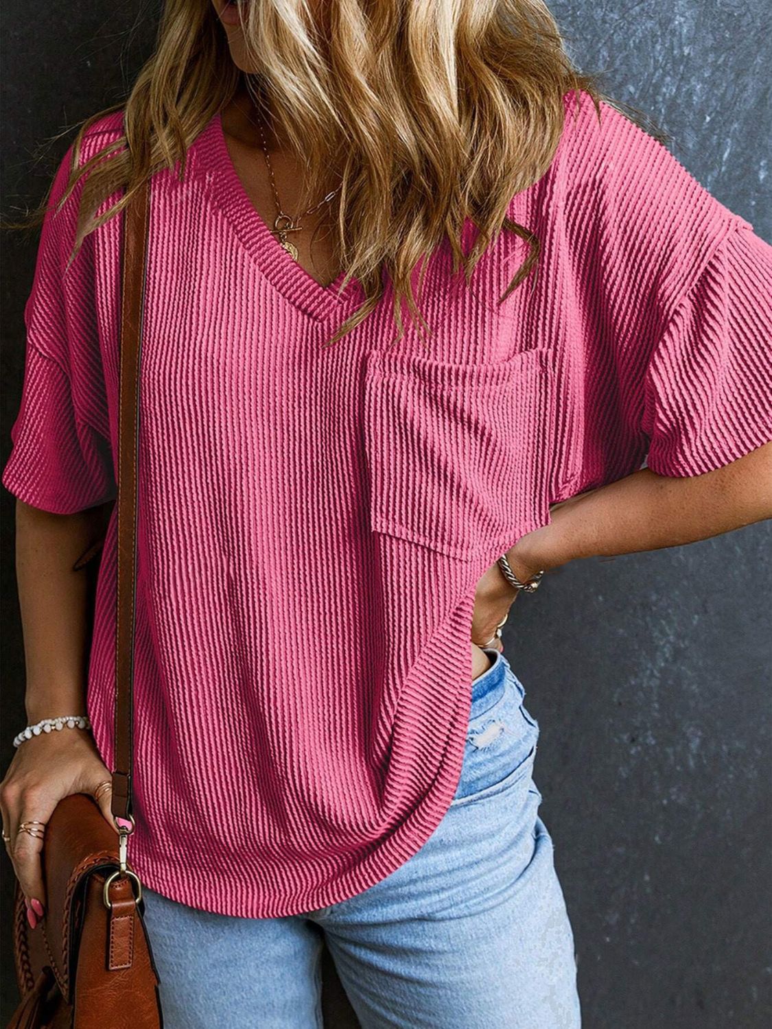 Textured V-Neck Half Sleeve T-Shirt