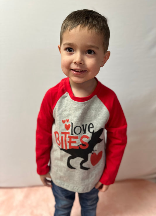 Love Bites ~ Grey Dinosaur Heart Raglan