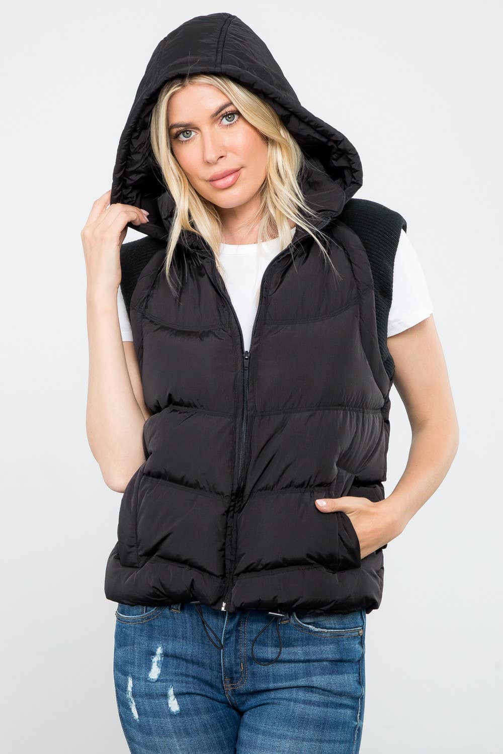 Sweater Rib Detail Nylon Hooded Puffer Vest