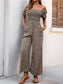 Perfee Smocked Printed Square Neck Puff Sleeve Jumpsuit