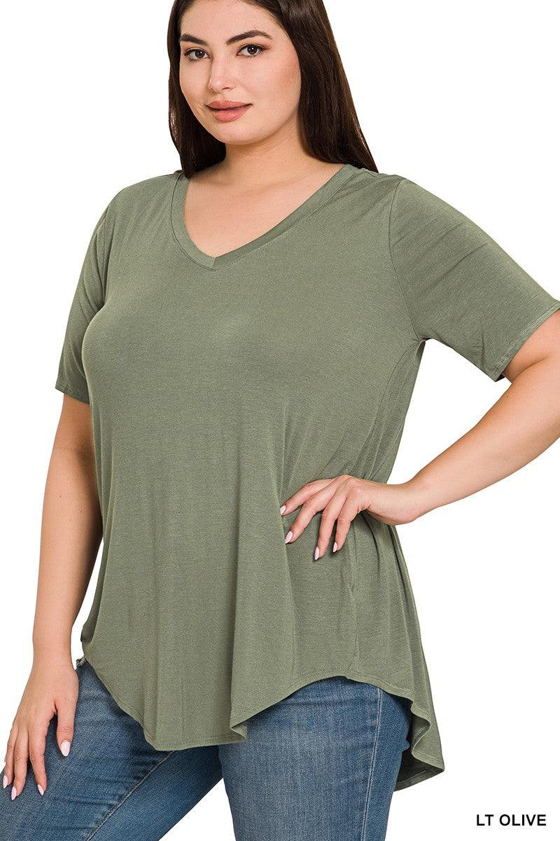 Luxe Rayon Short Sleeve V-Neck Hi-Low Hem Top (Curvy Only) - FINAL SALE