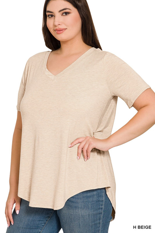 Luxe Rayon Short Sleeve V-Neck Hi-Low Hem Top (Curvy Only) - FINAL SALE