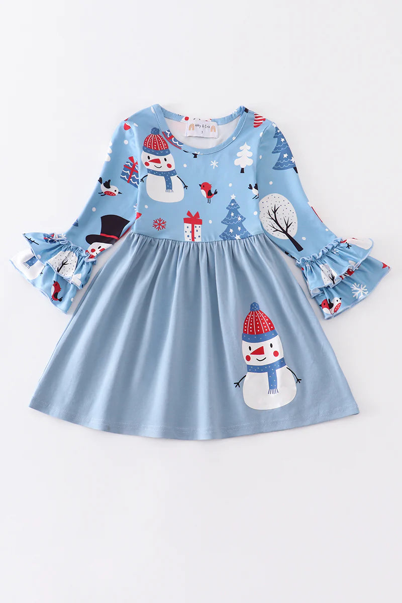 Blue Christmas Snowman Applique Ruffle Dress