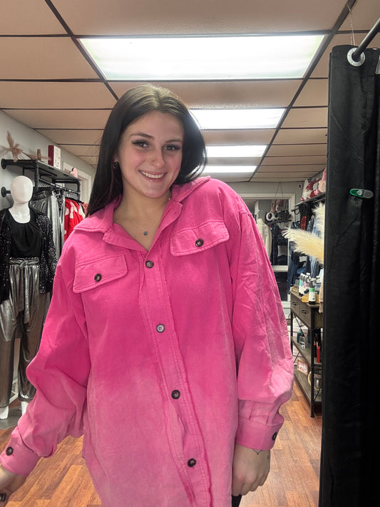 Corduroy Dip Dye Buttoned Front Shacket in Fuschia