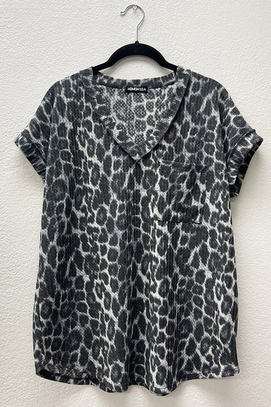 Grey Animal Print Dolman Top w/ Pocket and Round Hem