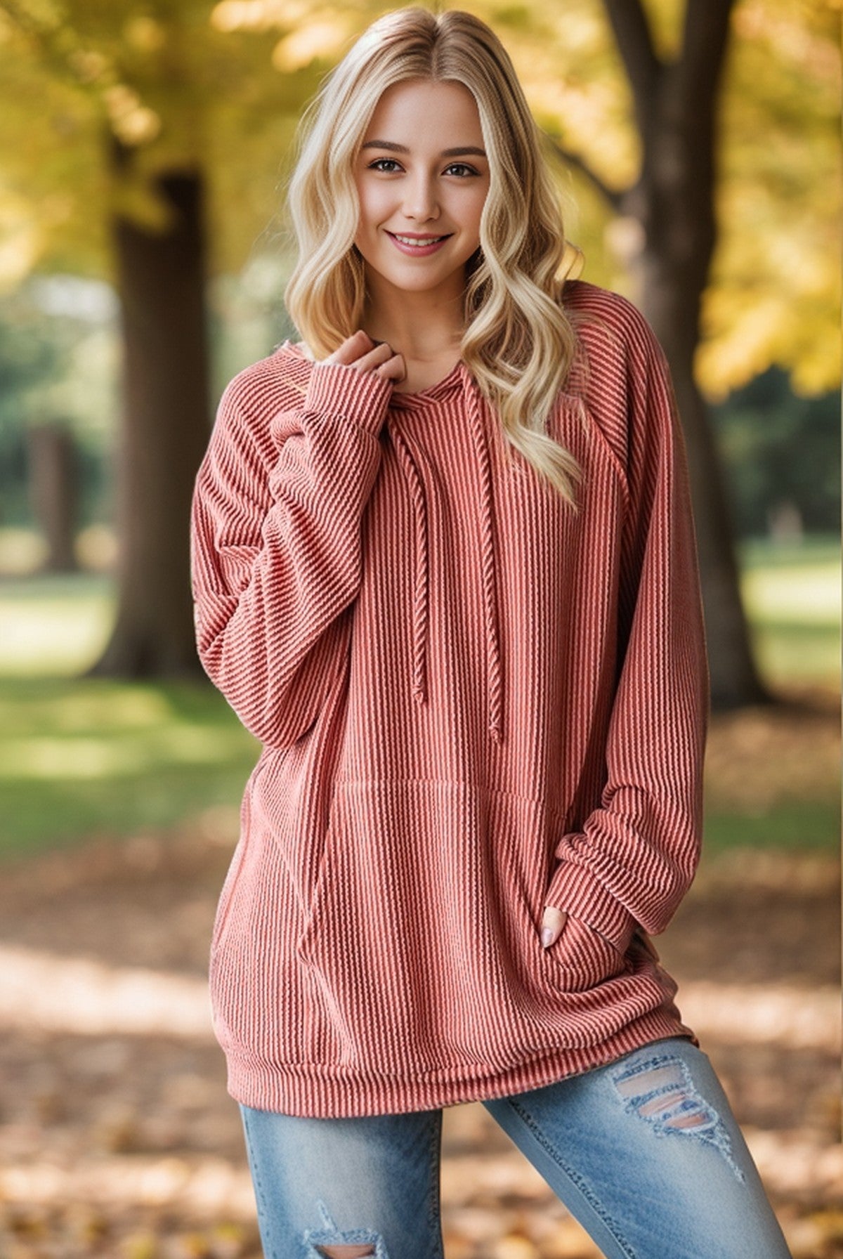 Puff Sleeve Solid Urban Ribbed Hoodie Top