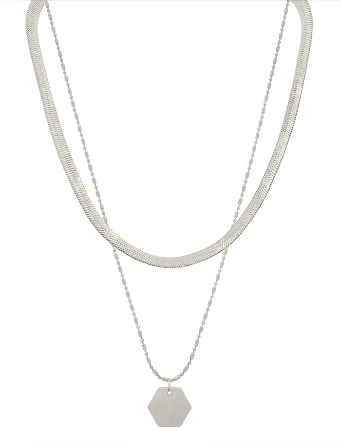 Matte Silver Snake Chain with Hexagon Layered 16"-18" Necklace