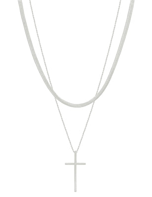 Matte Silver Snake Chain and Cross Layered 16"-18" Necklace