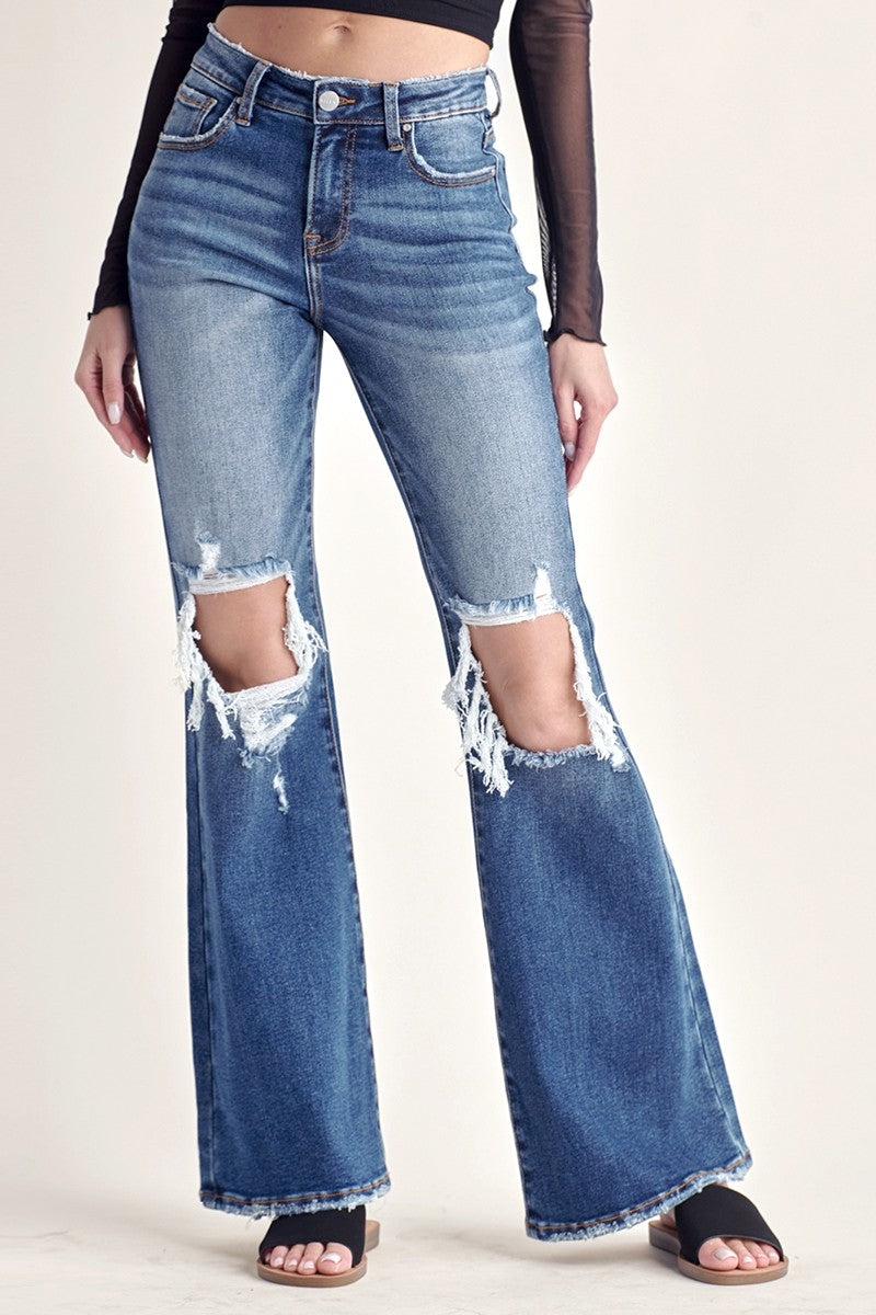 Risen Mid-Rise Distressed Flare Jeans