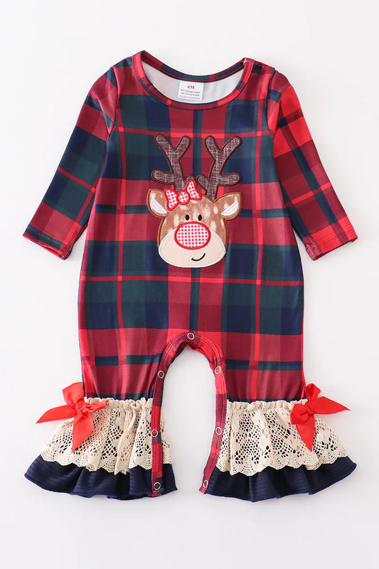 Red Plaid Deer Applique Ruffle Romper