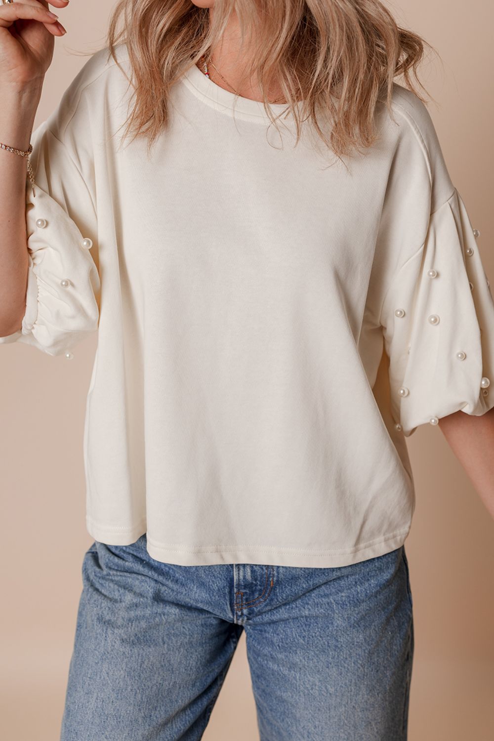 Pearl Detail Round Neck Half Sleeve Blouse