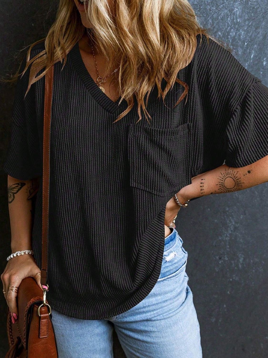 Textured V-Neck Half Sleeve T-Shirt