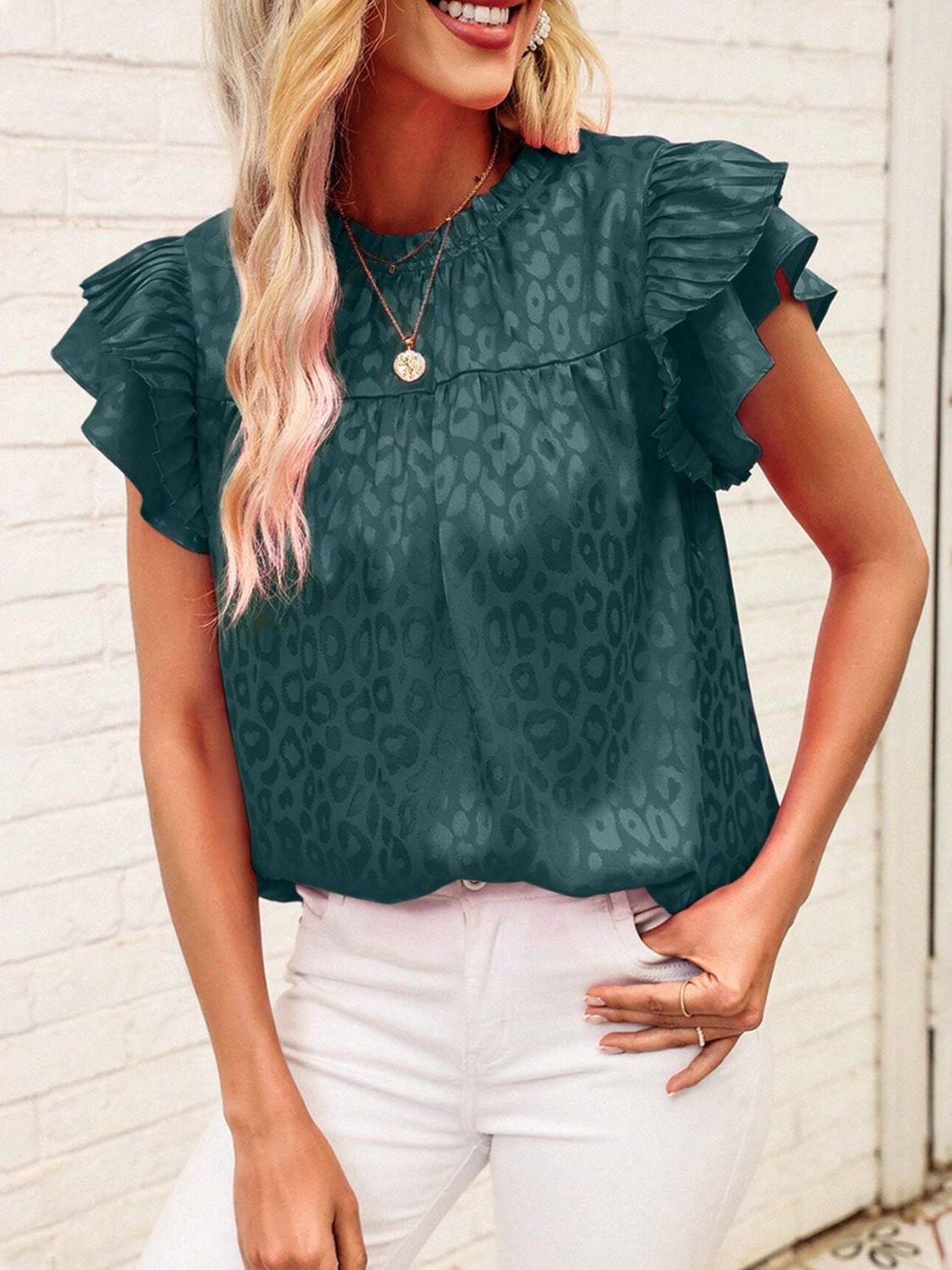 Leopard Frill Mock Neck Ruffled Cap Sleeve Top