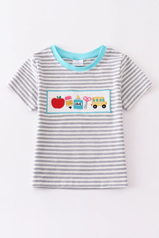 Grey Stripe Back to School Smocked Boy Shirt