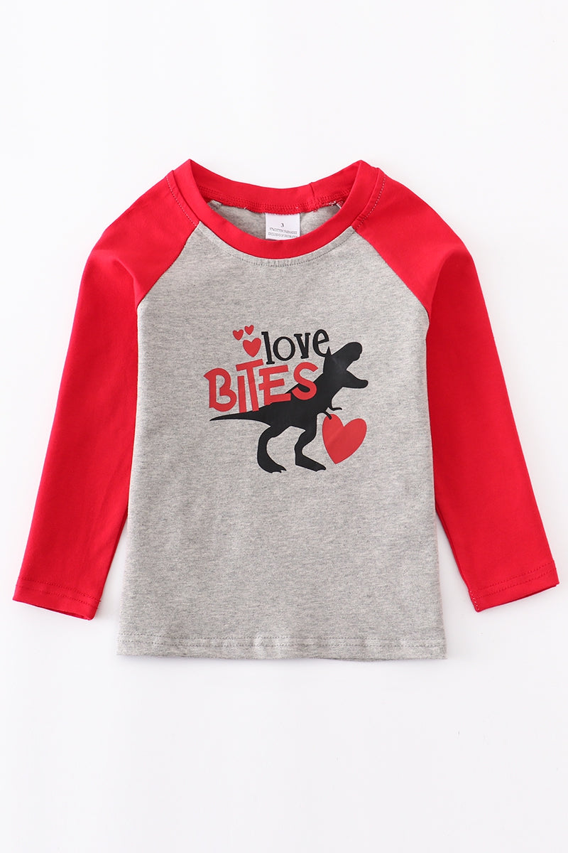 Love Bites ~ Grey Dinosaur Heart Raglan