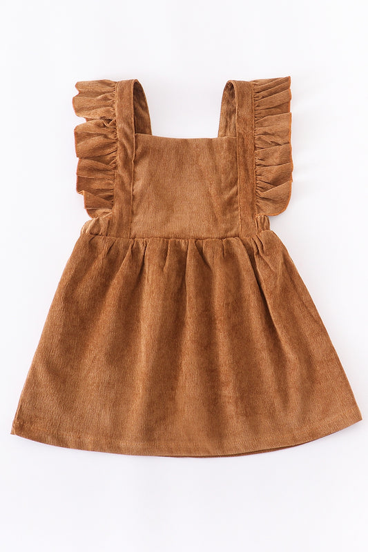 Khaki Flutter Sleeve Velour Corduroy Dress