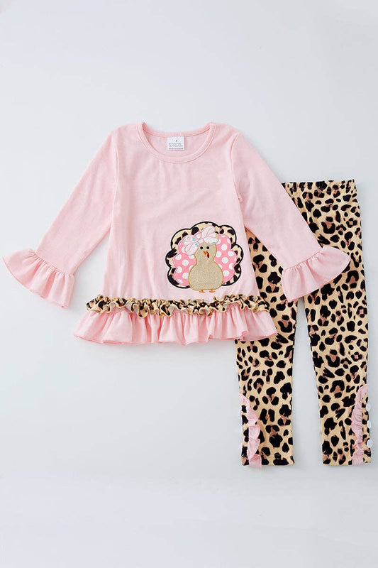 Pink Leopard Turkey Applique Ruffle Pants Set