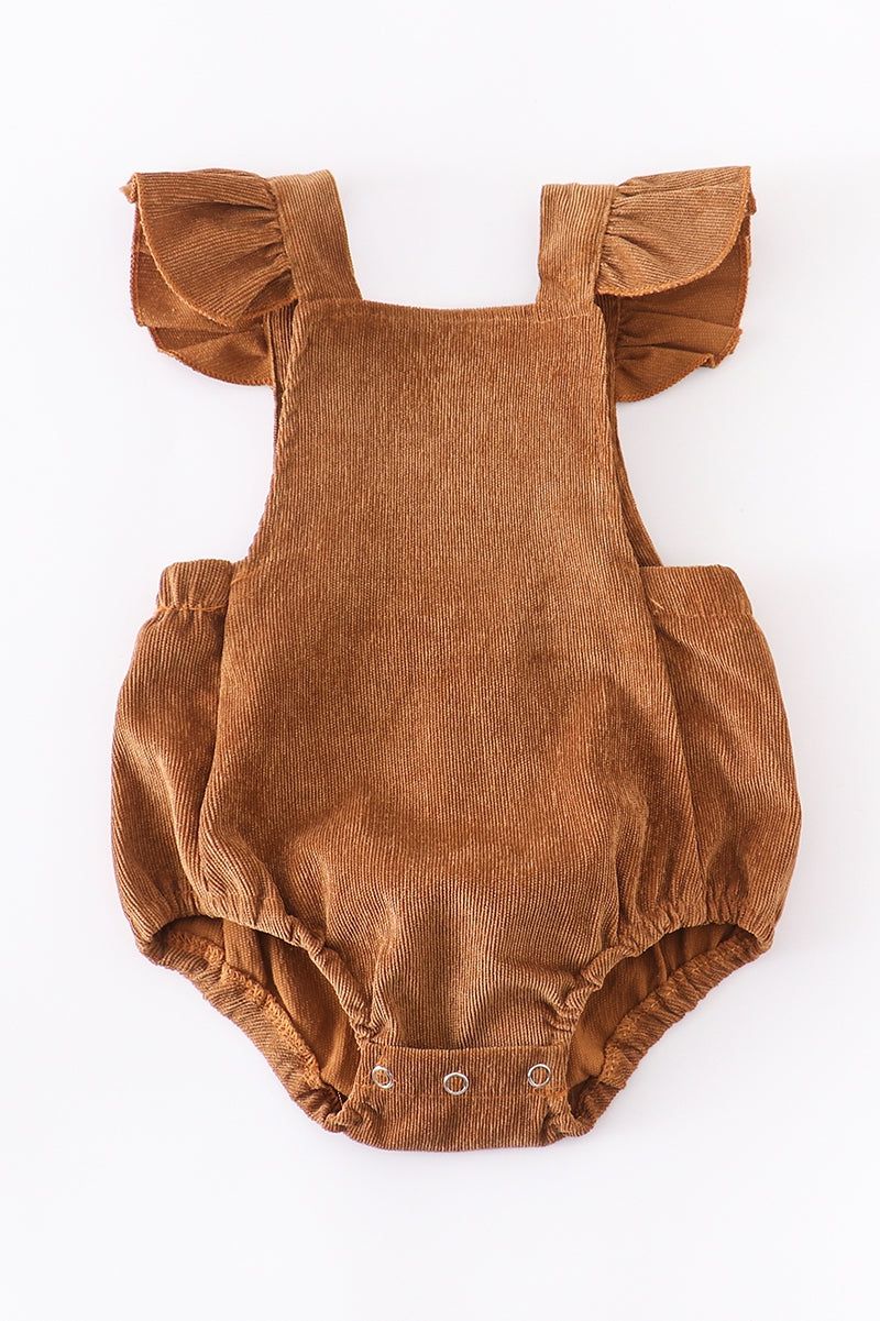 Khaki Flutter Sleeve Velour Corduroy Baby Onesie