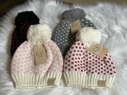 C.C. Kids Heart Pattern Knit Beanie with Pom