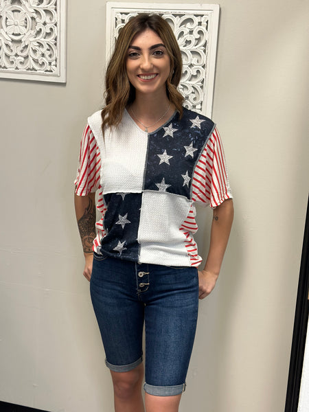 American Flag Theme Dolman Sleeve Waffle Knit Top