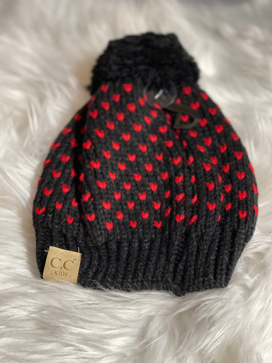 C.C. Kids Heart Pattern Knit Beanie with Pom