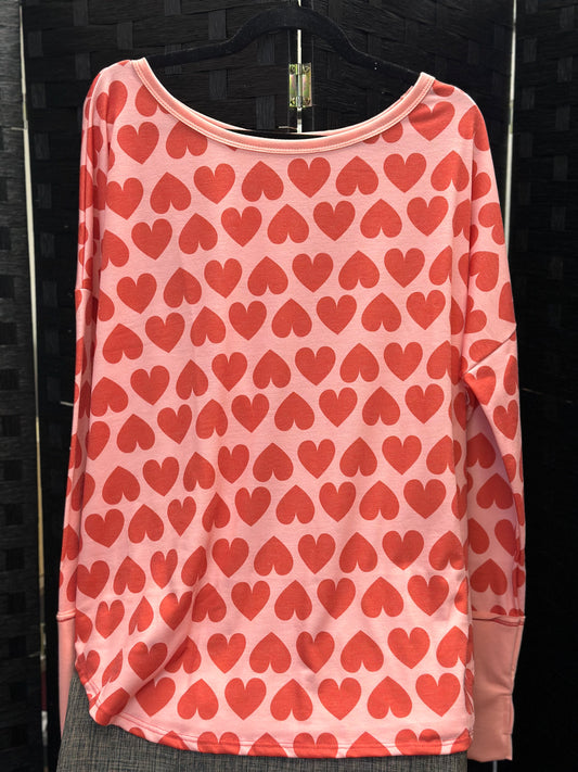 Heart Printed French Terry Knit Thumb Opening U Neck Top